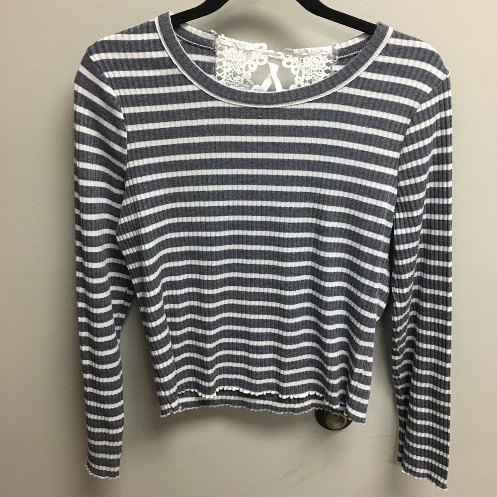 Gray and White Stiped Ladies Laced Top